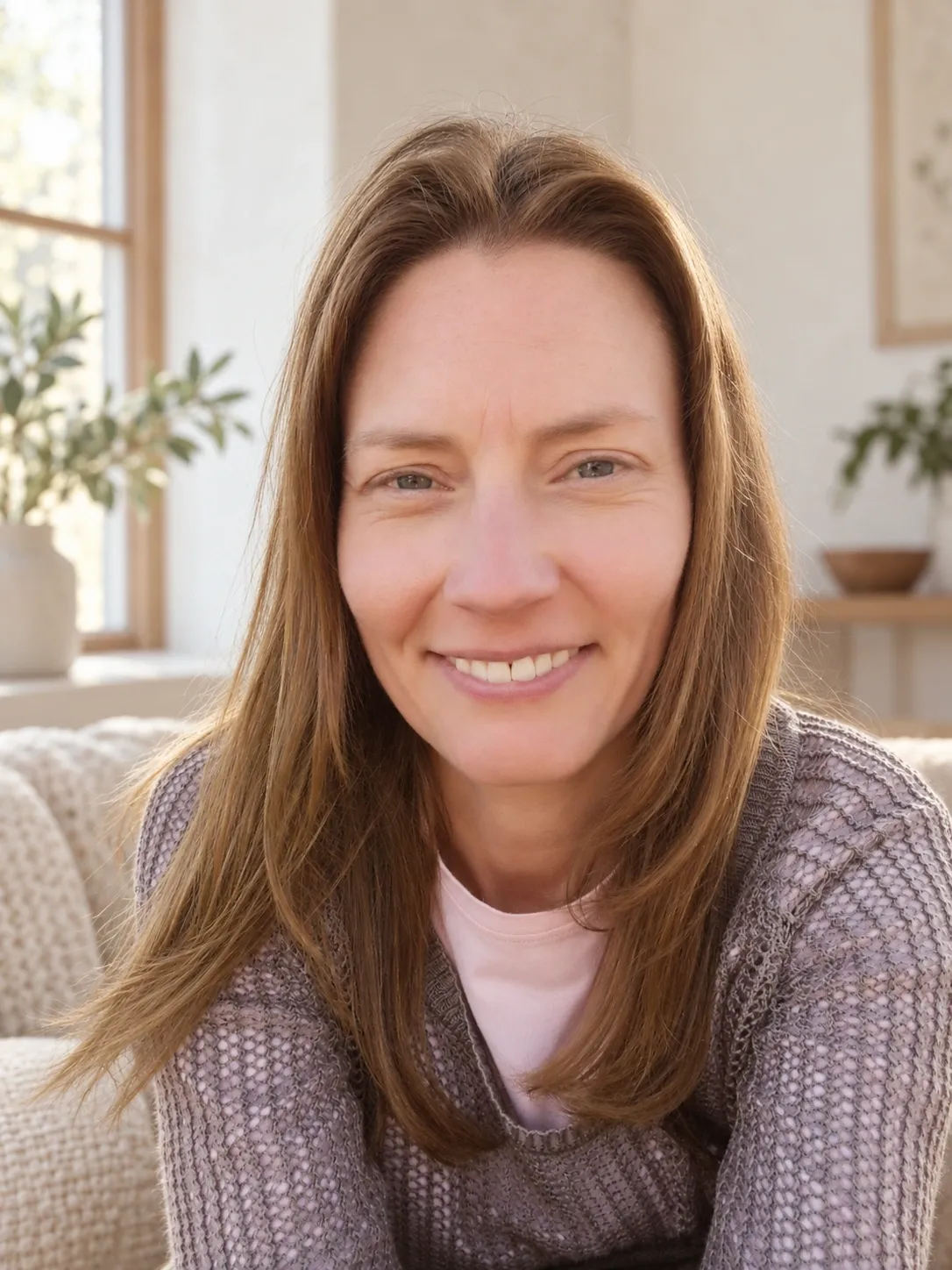 Louise, owner of EL Is Healing, smiling in warm window light.