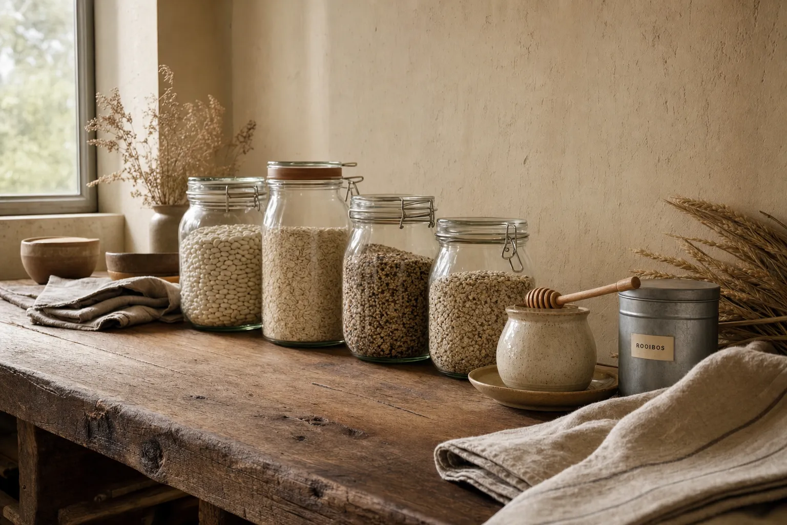 A wooden pantry table with glass jars of beans, oats and grains, a ceramic honey pot, a tin of rooibos and folded linen, in warm window light.