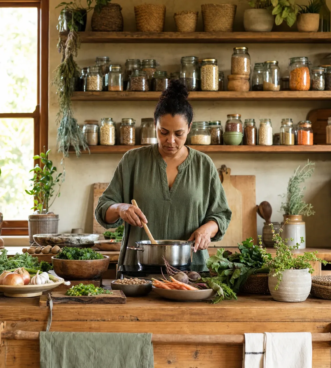 A woman cooking a wholesome meal with herbs and legumes in a warm, pantry-style kitchen, facing the camera.